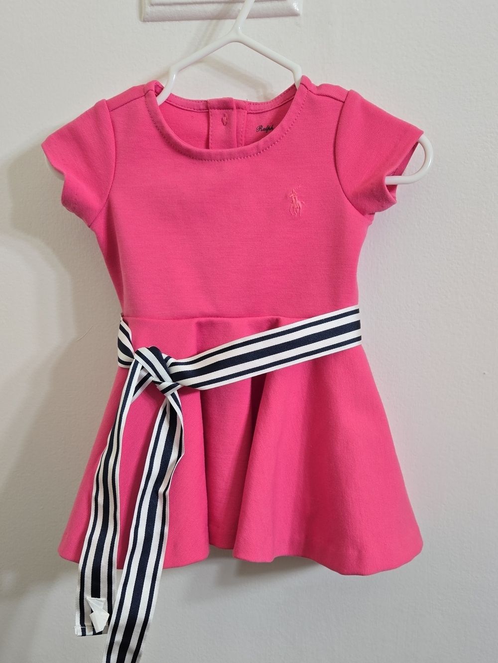 Ralph Lauren Hot Pink Knit Dress with Navy & White Striped Waist Tie SIZE 3M